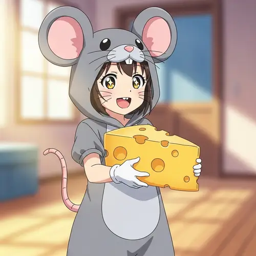 Cute Mouse Girl with Swiss Cheese - Anime Style