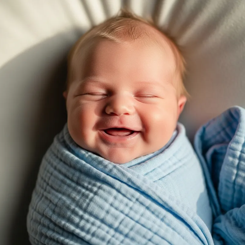 Joyful Newborn Baby in Sky Blue Wrinkled Muslin Blanket Joyful Newborn Baby in Sky Blue Wrinkled Muslin Blanket