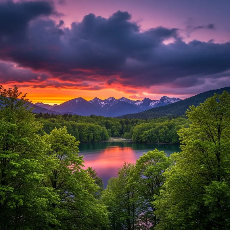 Tranquil Dusk Scene with Spectacular Sunset over Lake and Mountains