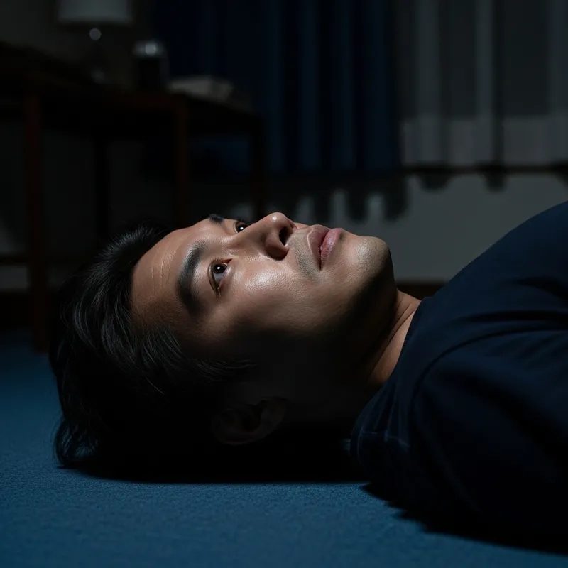 Asian Man Lying On Room Floor At Night With Wide Open Eyes