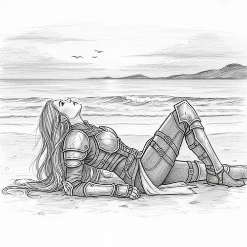 Female Warrior Sketch on Beach | Leather Armor & Long Hair