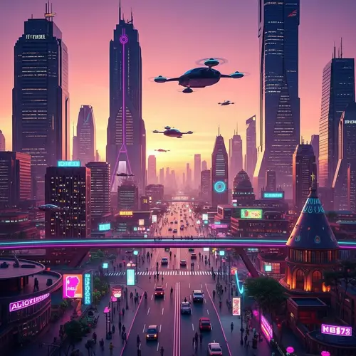 Futuristic African Cityscape at Sunset - Vibrant Neon Lights