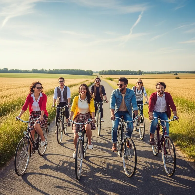 Retro Friends Having Fun on Vintage Bikes in Countryside Retro Friends Having Fun on Vintage Bikes in Countryside