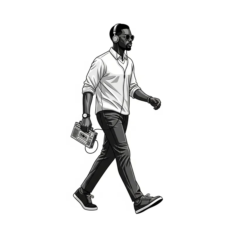 Monochrome Vintage T-Shirt Design: Black Man Walking with Cassette Player