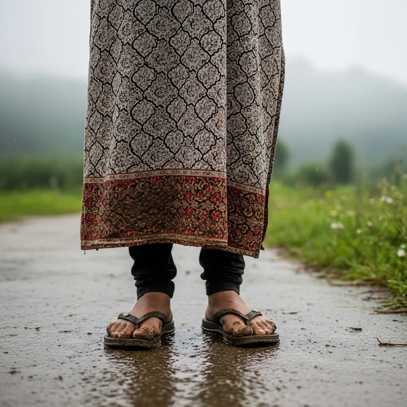 South Asian Woman Standing on Wet Pathway in Muddy Flip-Flops South Asian Woman Standing on Wet Pathway in Muddy Flip-Flops