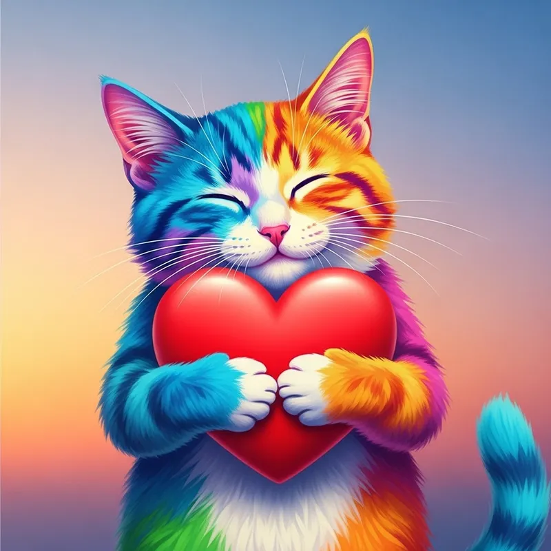 Colorful Rainbow Cat Hugging Heart | Feline Art