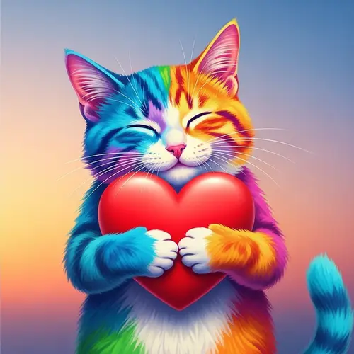 Vibrant Rainbow Cat Hugging Heart | Colorful Feline Art