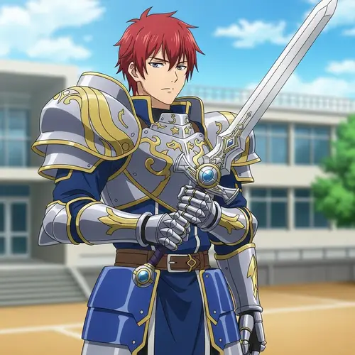 Male Anime Character in Blue and Silver Armor with Red Hair