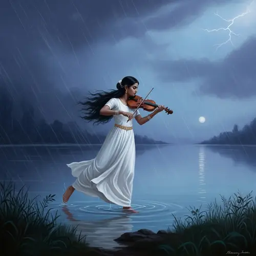 Magical South Asian Woman Playing Violin at Twilight Lake