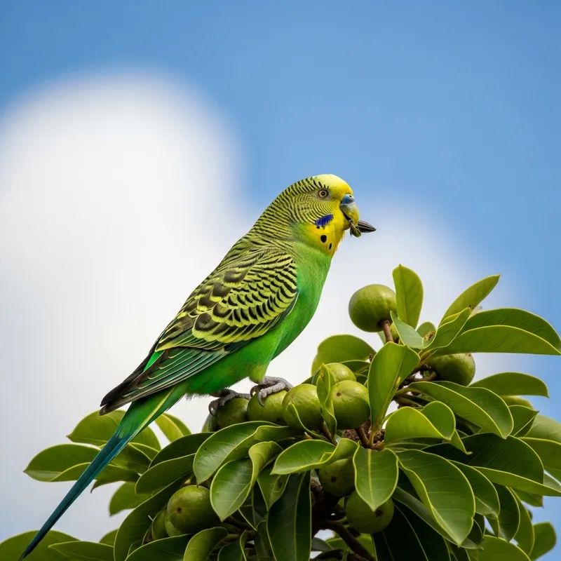 Colorful Parakeet on Lush Tropical Tree - Enchanting Scene Colorful Parakeet on Lush Tropical Tree - Enchanting Scene