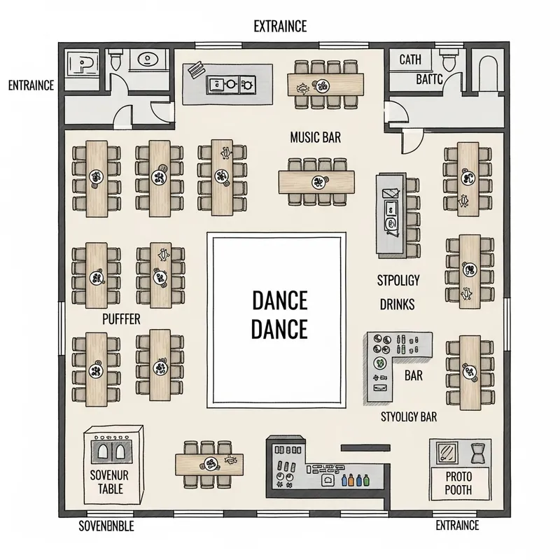 Event Floor Plan with Dance Floor, Buffet, Bar & More