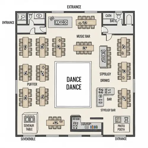 Event Floor Plan with 20 Tables, Dance Floor, Buffet, Bar & More