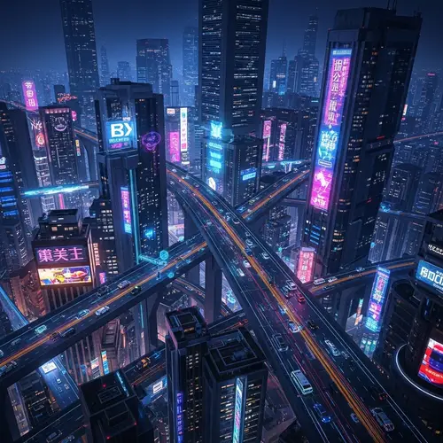 Futuristic Cyberpunk Cityscape: Neon Lights Night View