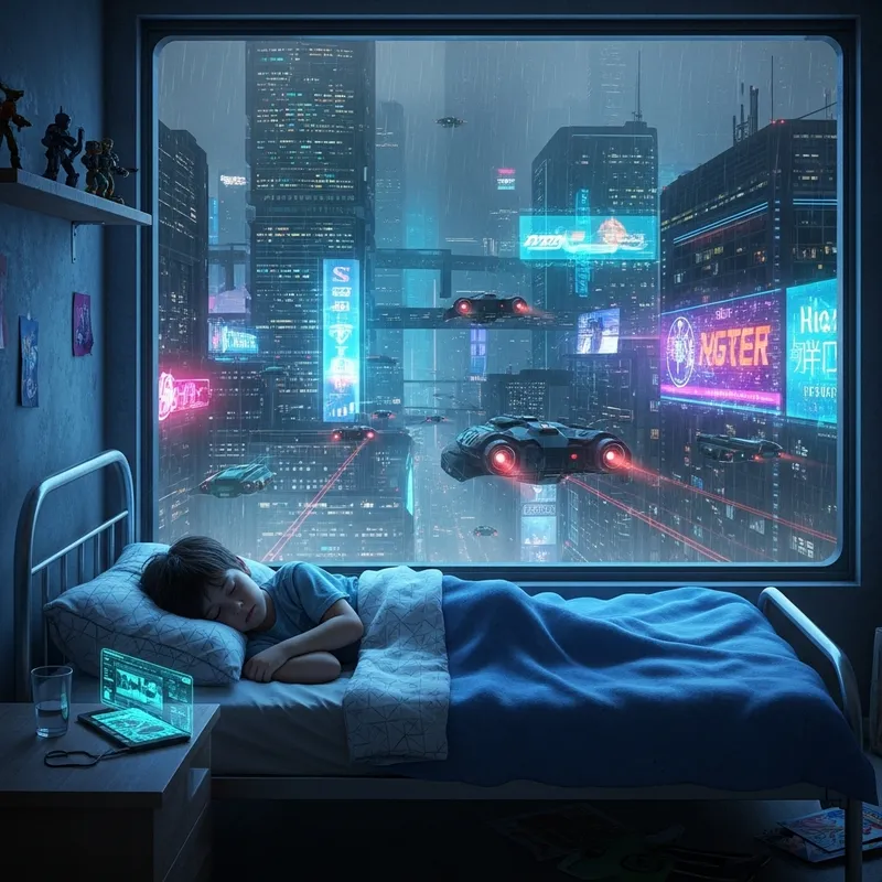 Boy Sleeping in Futuristic Cyberpunk Room