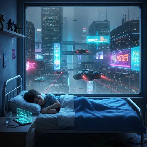 Boy Sleeping in Futuristic Cyberpunk Room