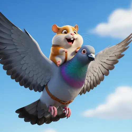 Joyful Hamster Riding Pigeon | Cartoon Scene