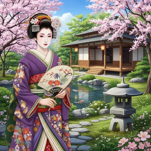 Traditional Japanese Geisha in Vibrant Kimono
