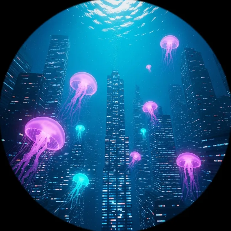 Surreal Underwater Cityscape: Glowing Jellyfish & Neon Colors