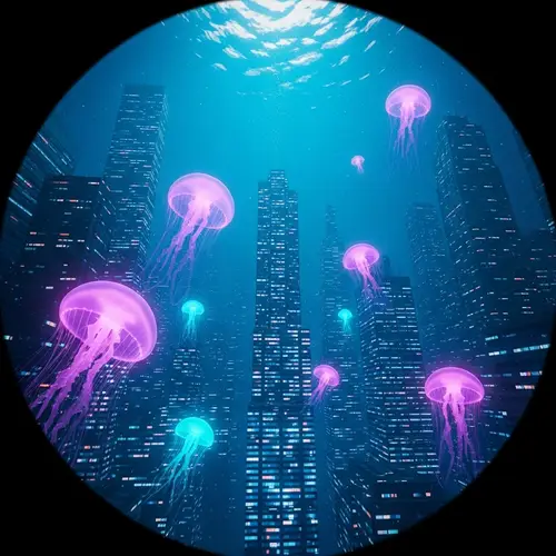 Surreal Underwater City: Neon Buildings & Glowing Jellyfish