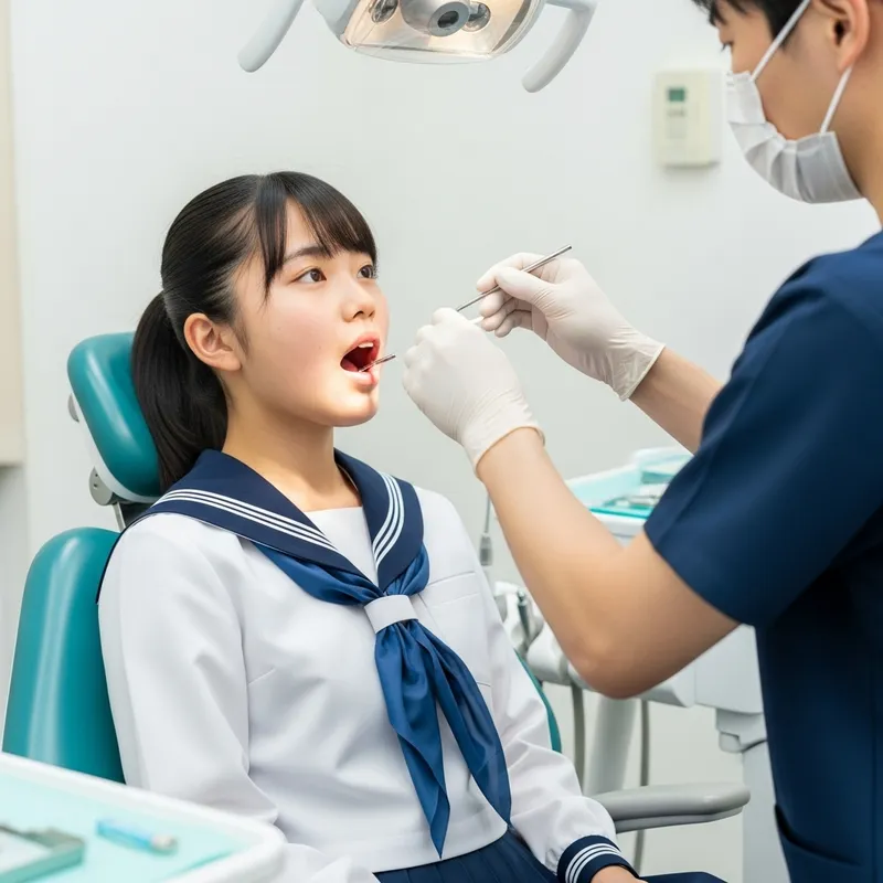 Japanese Schoolgirl Dental Check-Up in Sailor Uniform