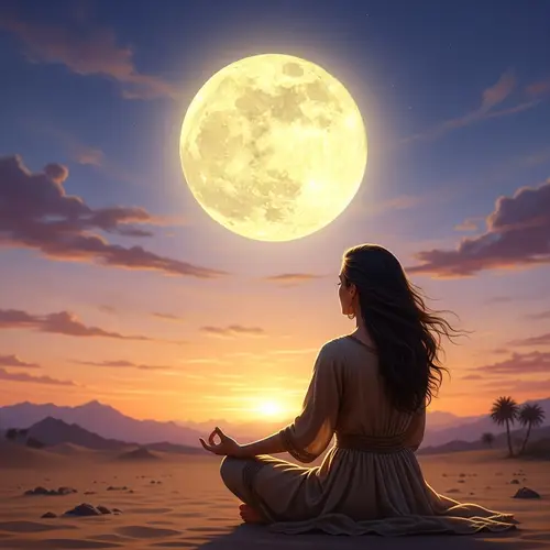 Serene Sunset with Bright Yellow Moon: Peaceful Meditation Scene