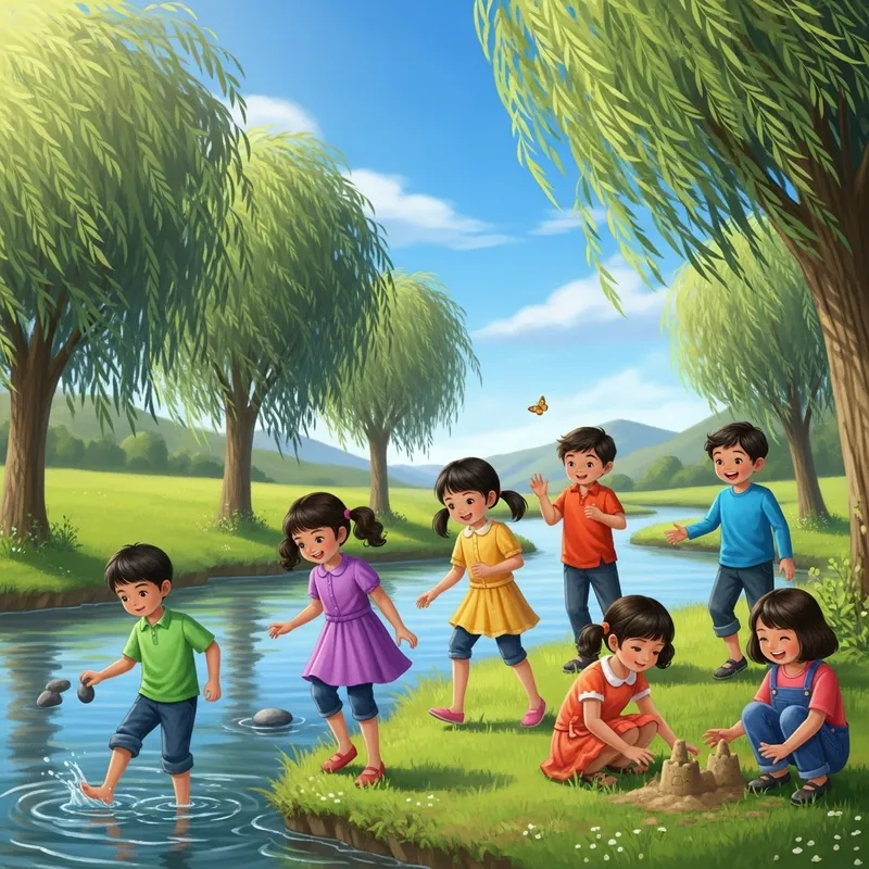 Playful Indian Children by River with Birdsong