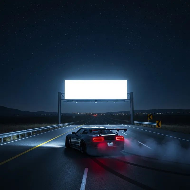 One-Way Highway Night Drift: Lone Sports Car And Empty Billboard