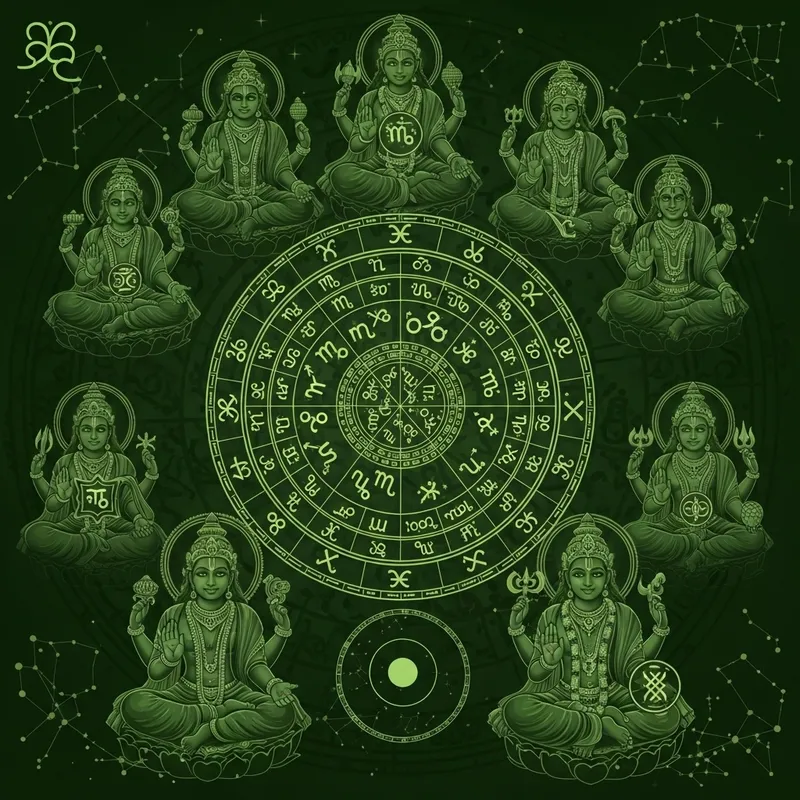Ancient Hindu Astrology Image with Divine Deities in Bottle Green