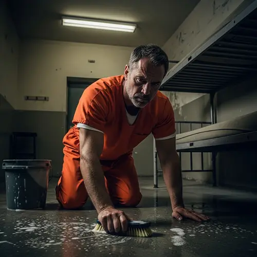 Middle-Aged Man Washing Floor in Jail Cell
