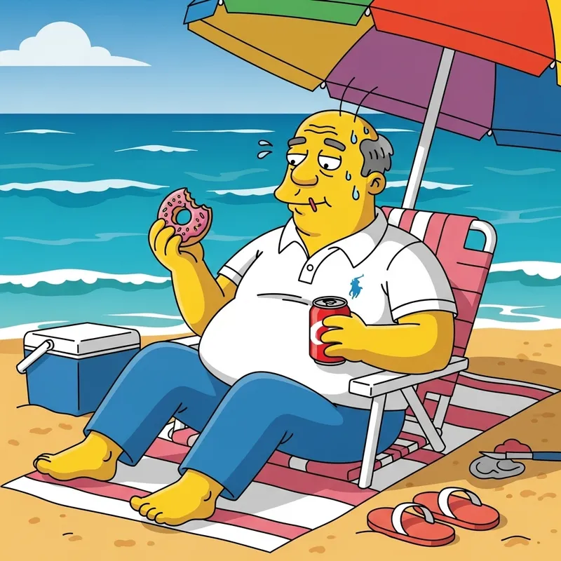 Homer Simpson Relaxing on Beach with Donut & Drink
