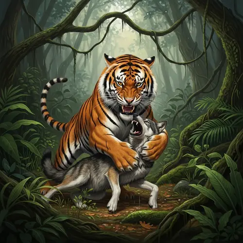 Fierce Tiger Capturing Gray Wolf in Lush Jungle