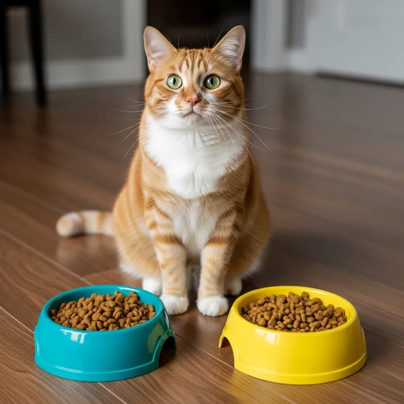 Confused Cat Choosing Between Two Pet Food Bowls