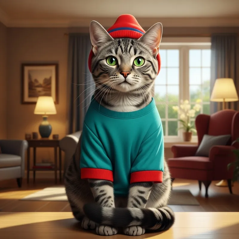 Striped Grey Black Cat with Bright Green Eyes