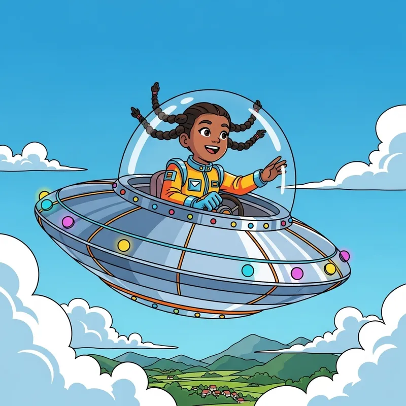 Adventurous Little Girl Flying in a Saucer | Sky Fantasy