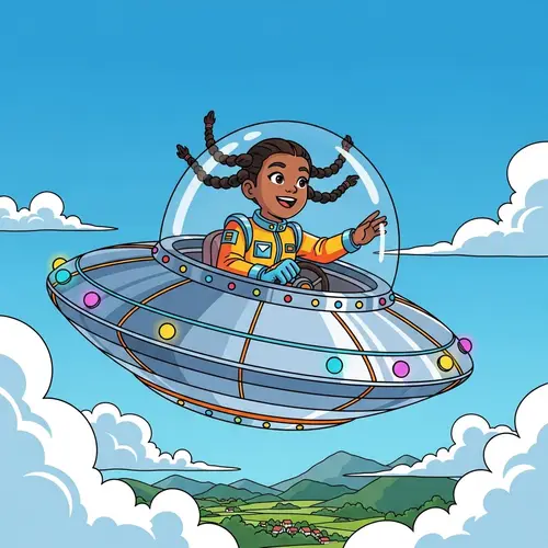 Young African-Asian Girl Piloting Flying Saucer | Exciting Sky Adventure