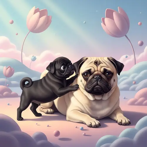 Dreamy Black Pug Puppy Playing with Adult Pug