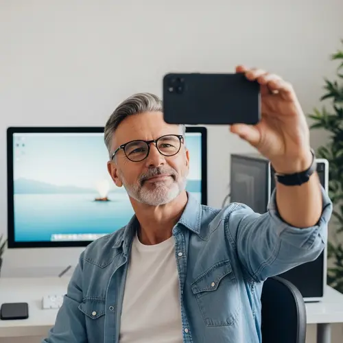 Mature Man Taking Selfie in Front of PC | Work from Home