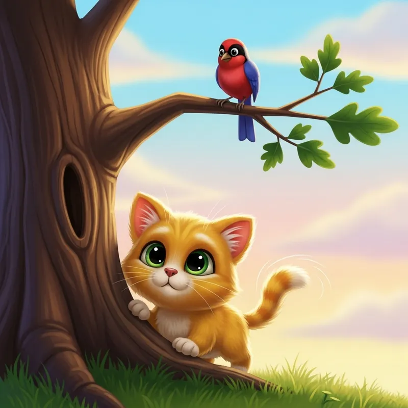 Cute Yellow Cat Hunting Bird - Adorable Cartoon Image