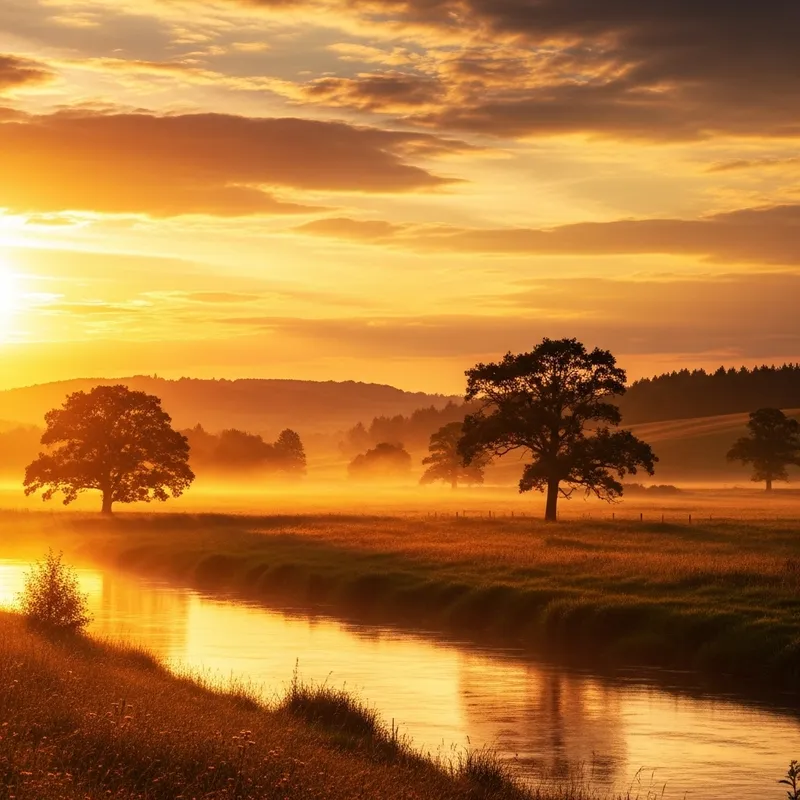 A Serene Countryside Landscape Bathed in Mesmerizing Golden Light