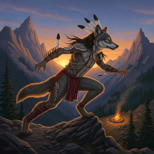 Native American Transforming into Wolf in Mountain Landscape