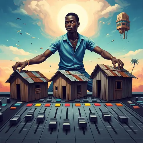 Surrealist African Man Manipulating Dilapidated Shacks | Afrofuturism Art