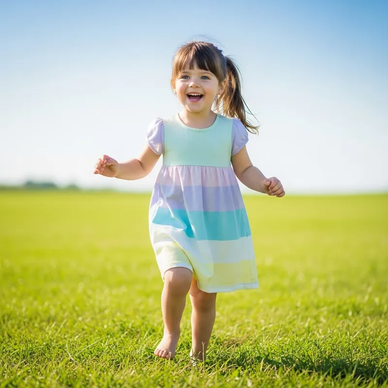 Beautiful Young Girl Walking Barefoot in Green Field