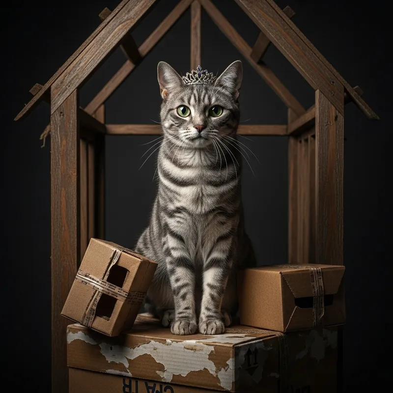 Regal Grey Striped Cat with Green Eyes Crowned Guardian in Abandoned House Atmosphere