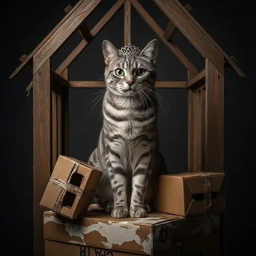 Regal Grey Striped Cat Adorned With Crown | Abandoned House Scene