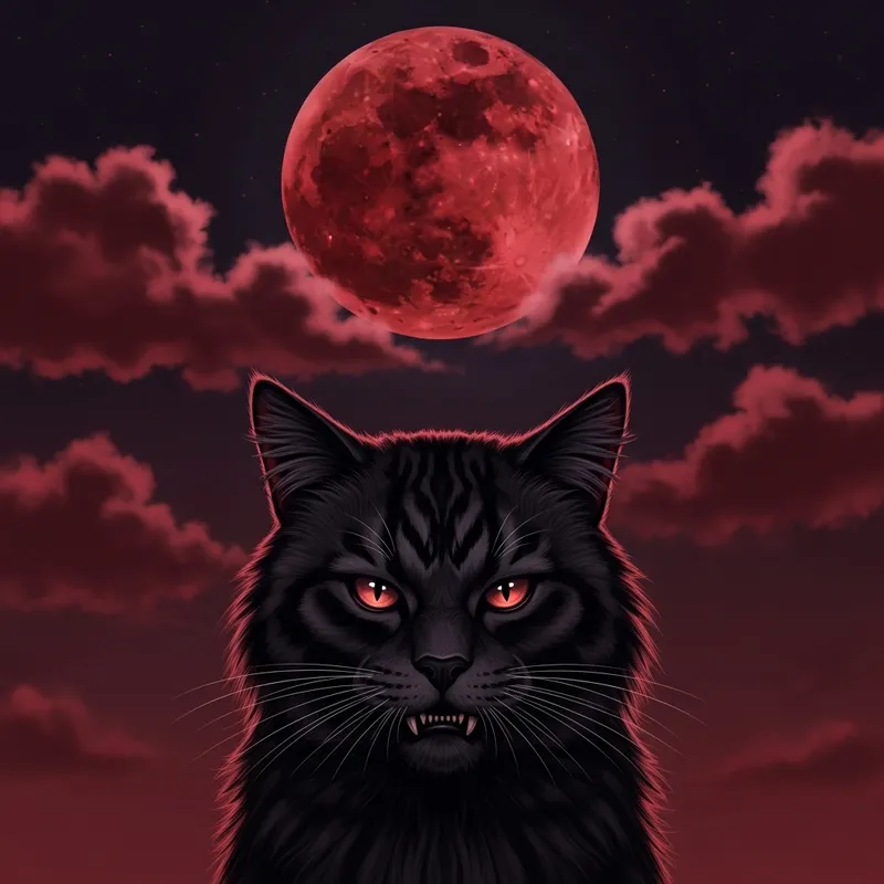 Malevolent Feline and Blood Moon: Sinister Scene in Dark Red Tones Malevolent Feline and Blood Moon: Sinister Scene in Dark Red Tones