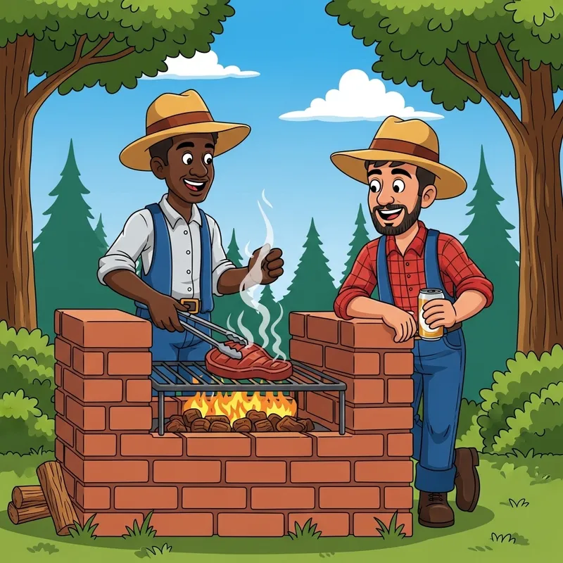 Two Cartoon Hillbillies BBQing with Beer in Woods