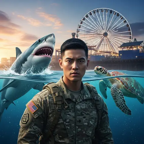 Asian Man in Military Uniform with Shark, Turtle and Ferris Wheel