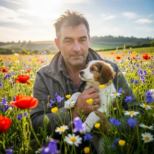 Thomas Harmon with Puppy Surrounded by Flowers & Sunshine