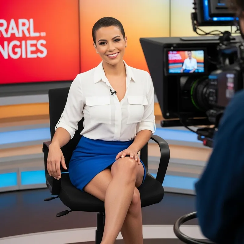 Hispanic Female TV Anchor with Stylish Haircut & Mini Skirt