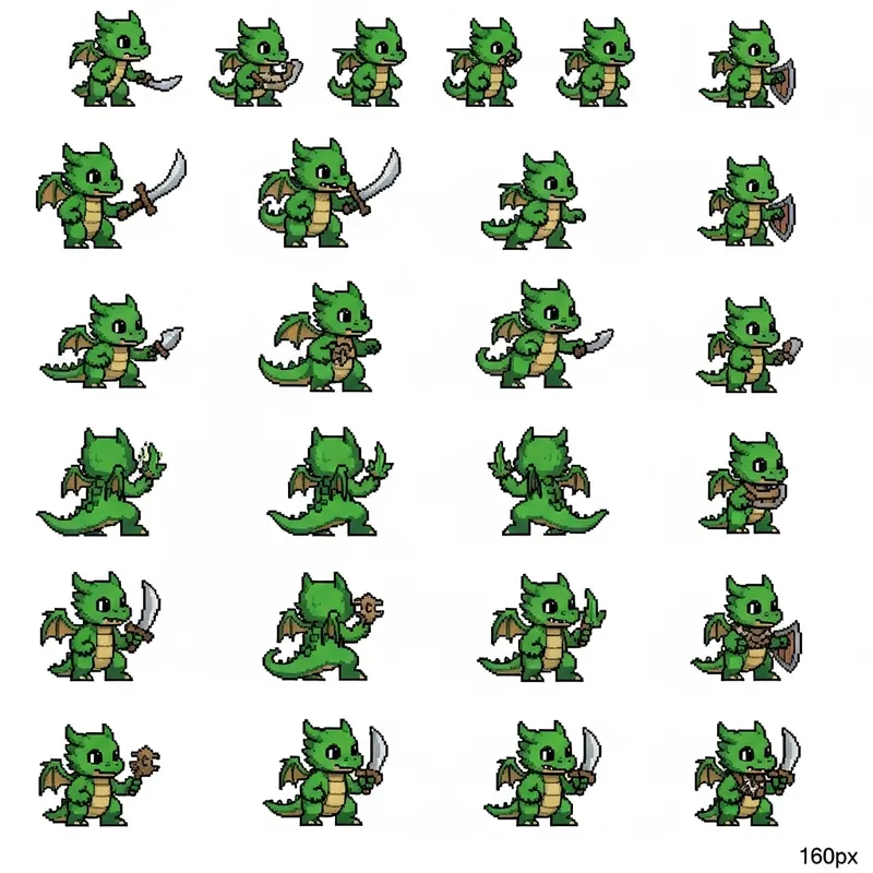 Detailed Pixel Art Sprite Sheet for Young Green Dragon Character